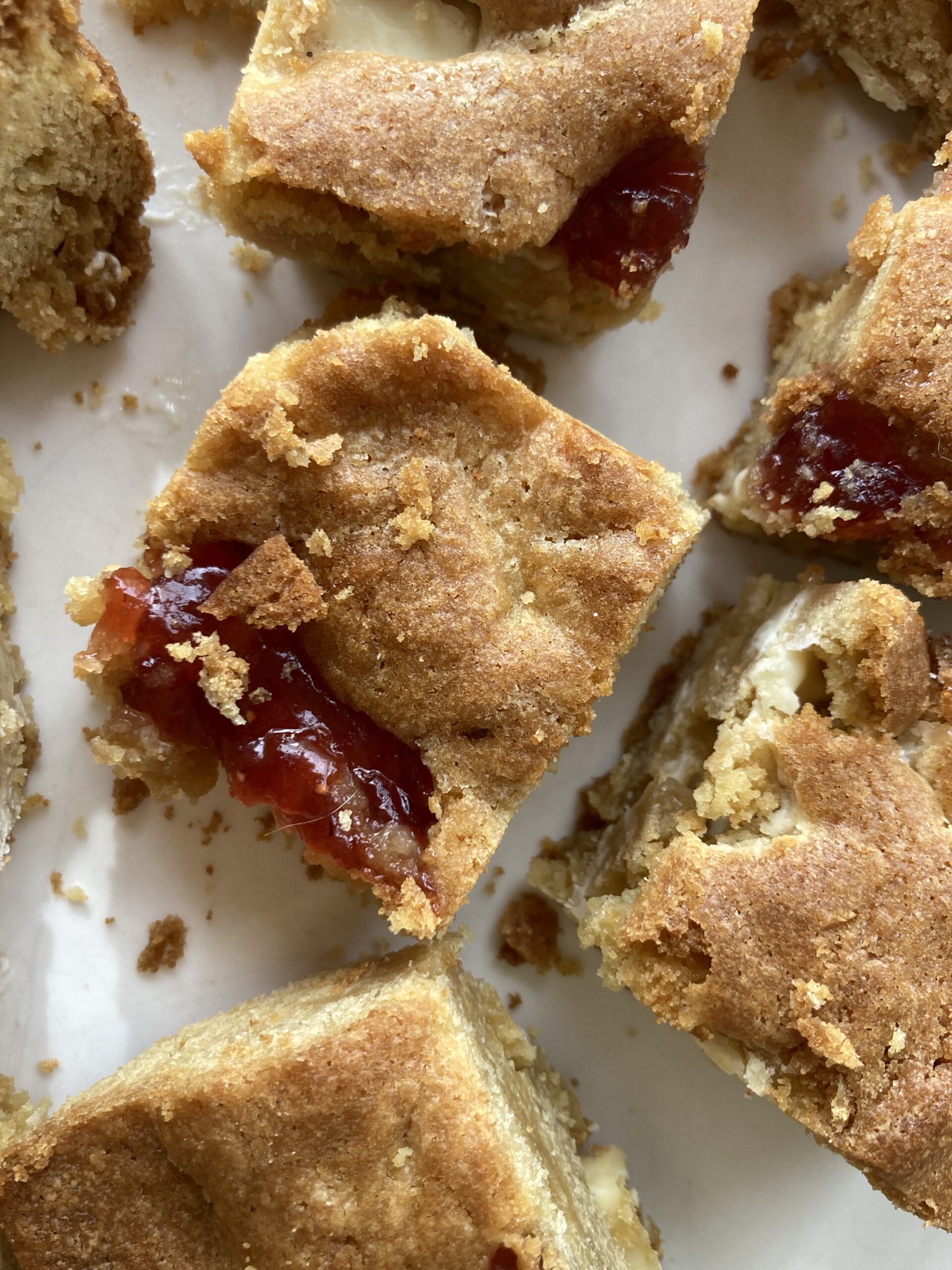 White chocolate & strawberry jam blondies